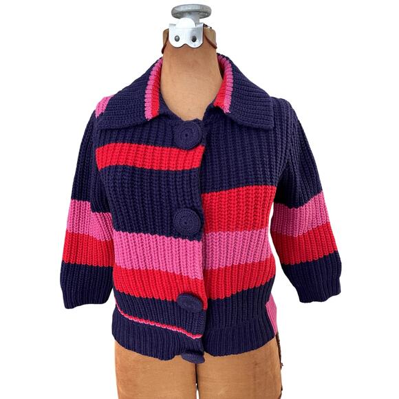 Marc Jacobs Sz S Stripe Cardigan Pink Wool Vintage Preppy Geek Chic Y2K Whimsy - Picture 2 of 15